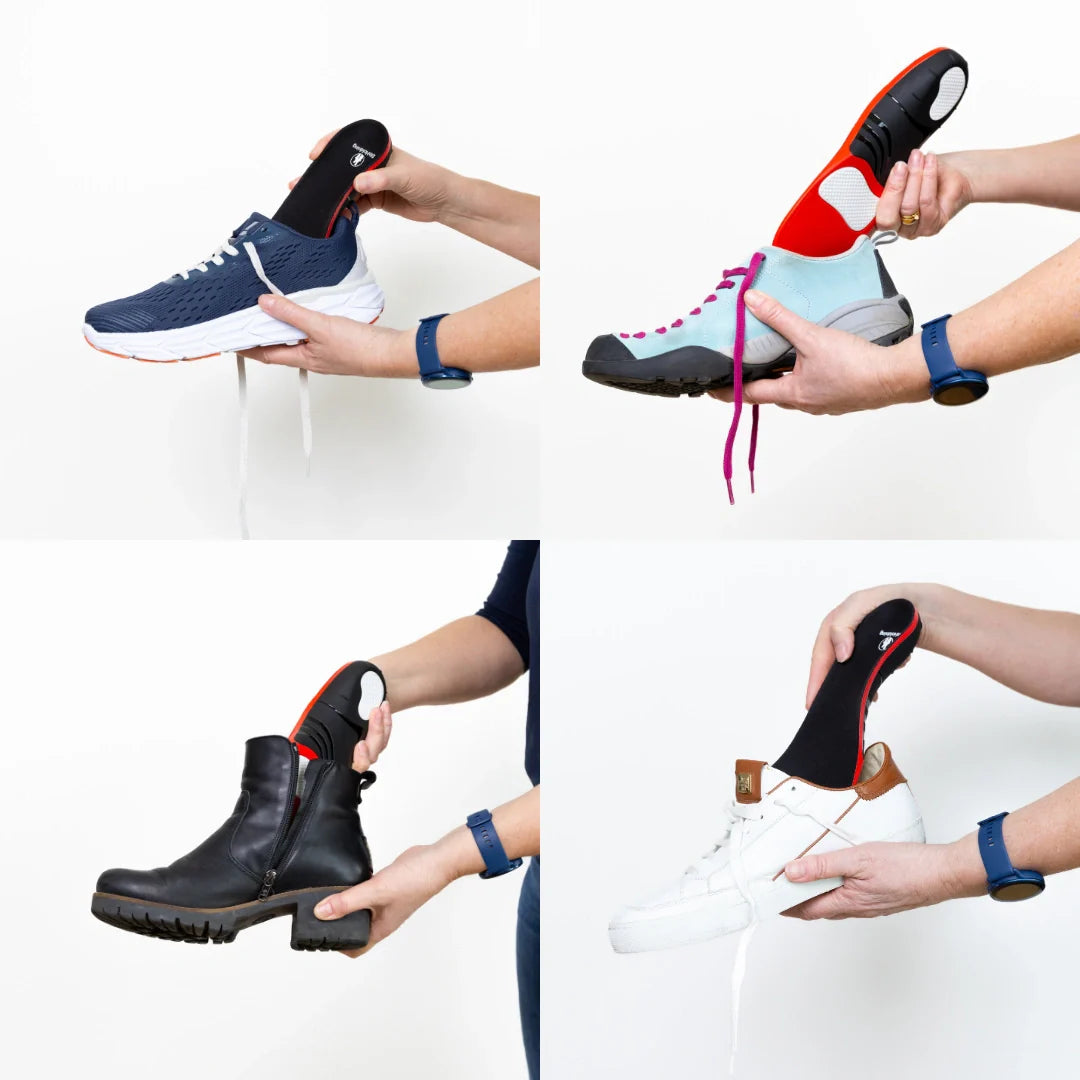 Såler mot hælsmerter og plantar fascitt i blå joggesko. GEL såler gir støtte og komfort for daglig bruk og trening.